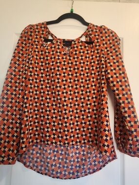 mine Orange and Navy Geometric Cutout Blouse S Euc